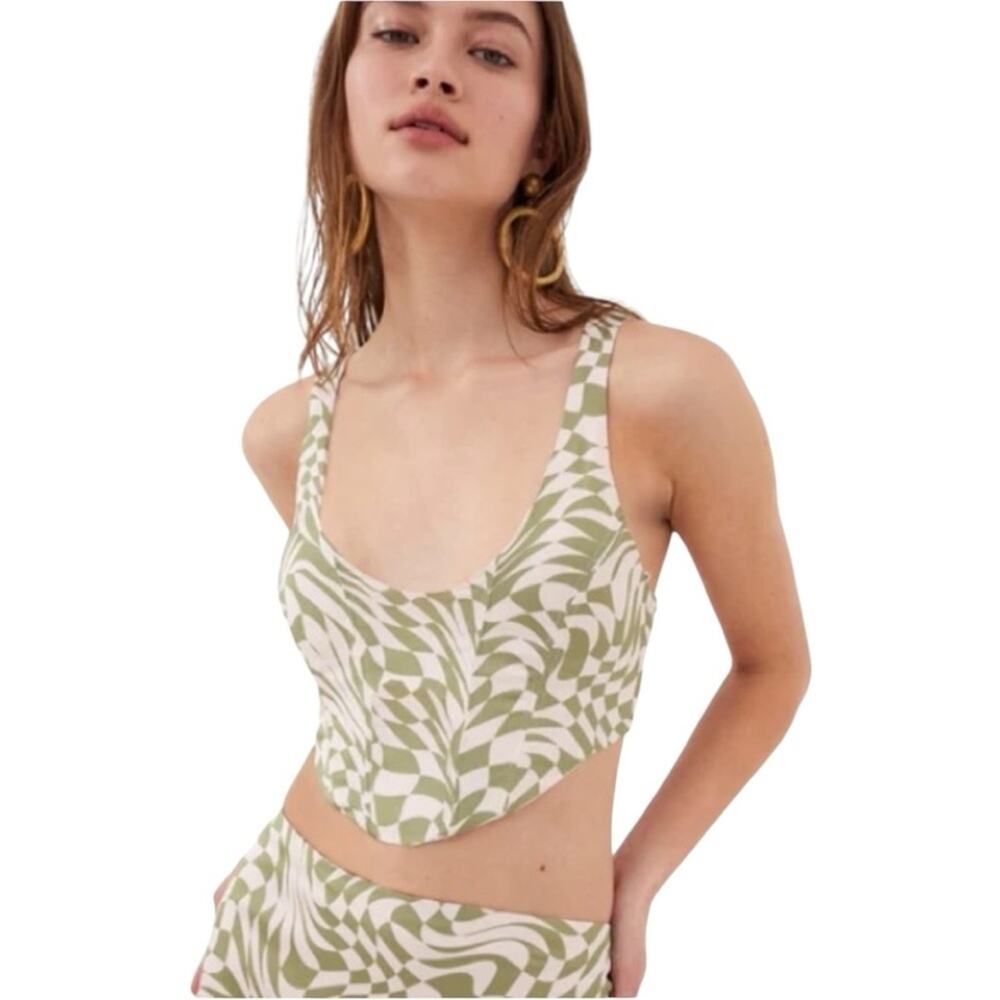 For Love & Lemons Nomi Corset Crop Size Medium Green Pink Geometric NWOT